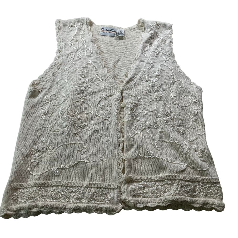 Vtg Y2K 2000s White Knit Embroidered Bead Vest Sz L Cottagecore Fairycore Whimsy